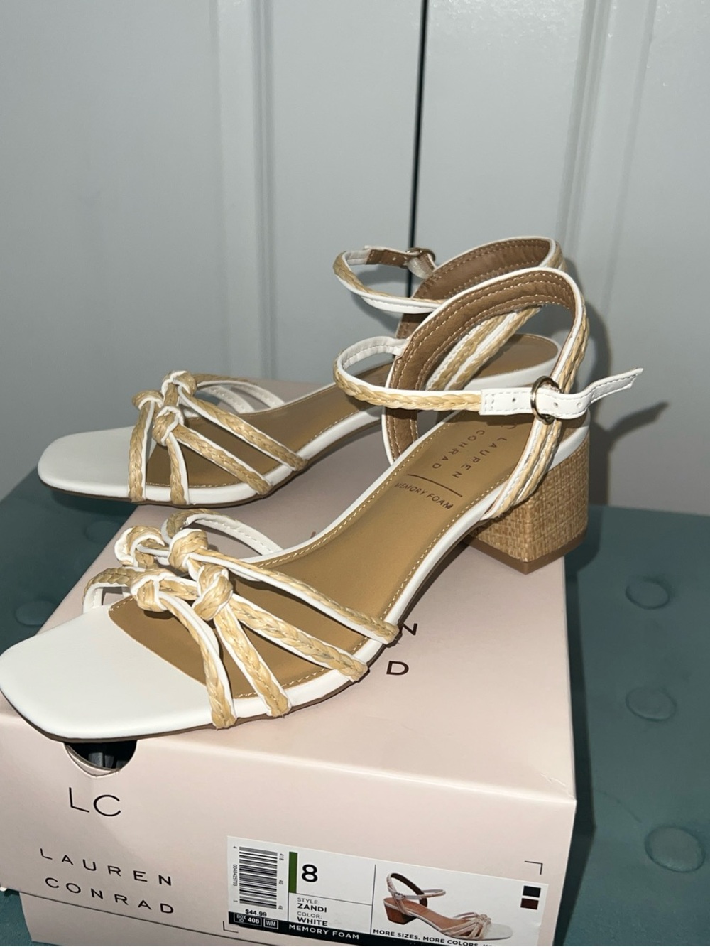 LC Lauren Conrad Zandi White and Tan Braided Strap Block Heel Sandals size 8